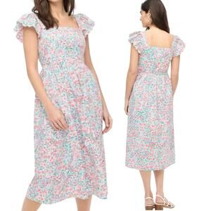 J Crew Floral Midi Dress Ruffle Sleeve Cotton Pockets A Line Nap White Pink 8